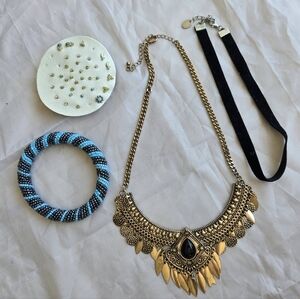 Free People Earrings + Gold & Black Statement Necklace + Choker + Bracelet